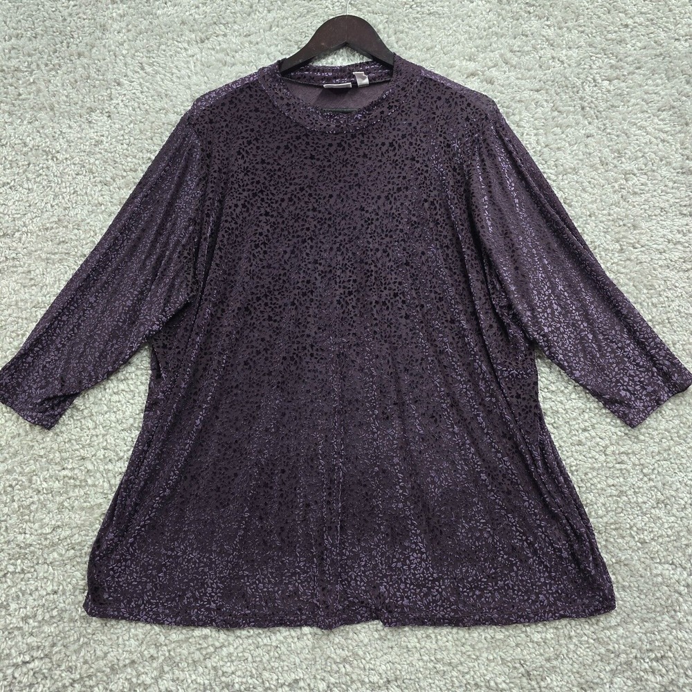 Logo Layers Burnout Velvet Top Womens 3X Purple Floral Sheer Mock Neck Boho Goth